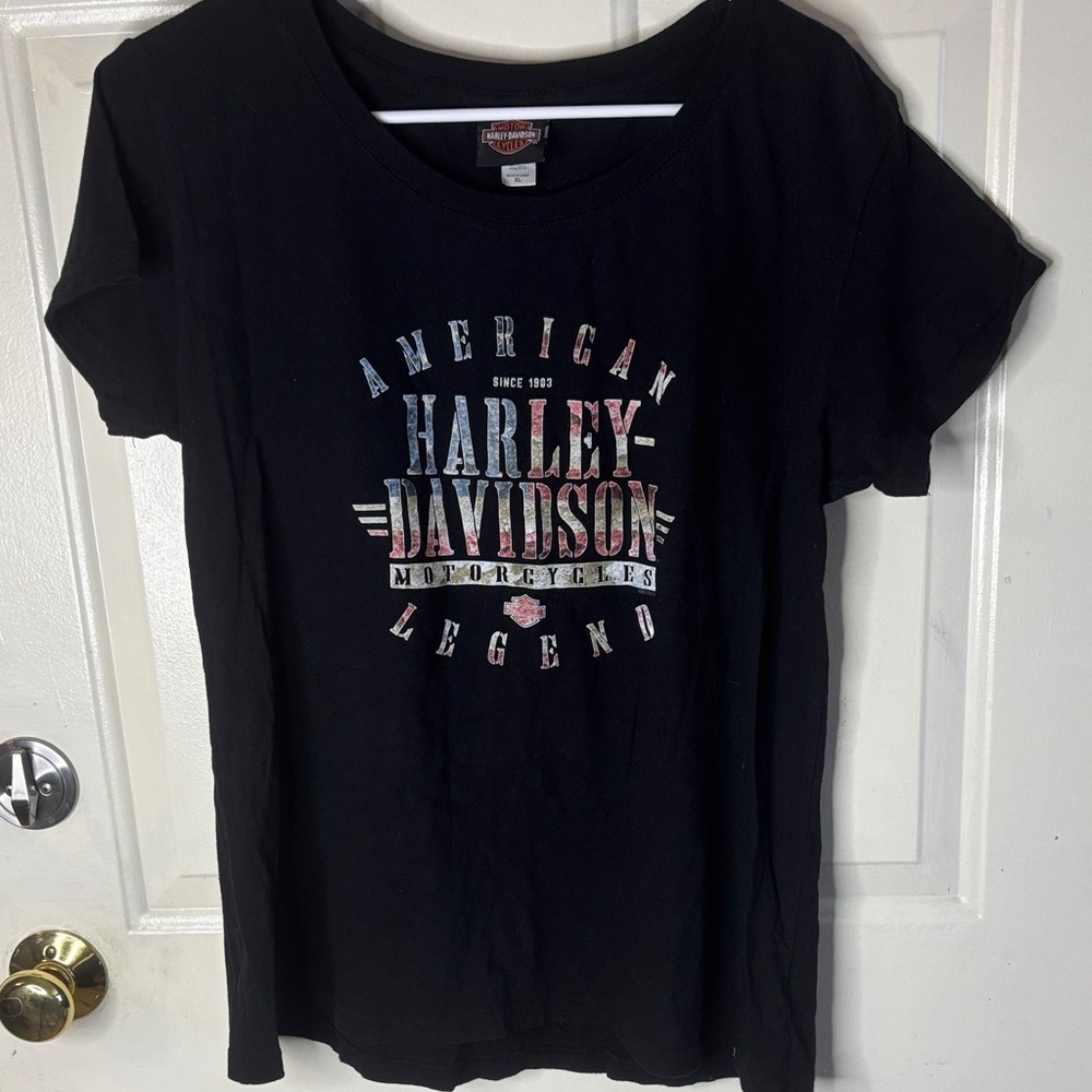 Harley-Davidson Black Tee with Faded Red, Blue and White Logo
